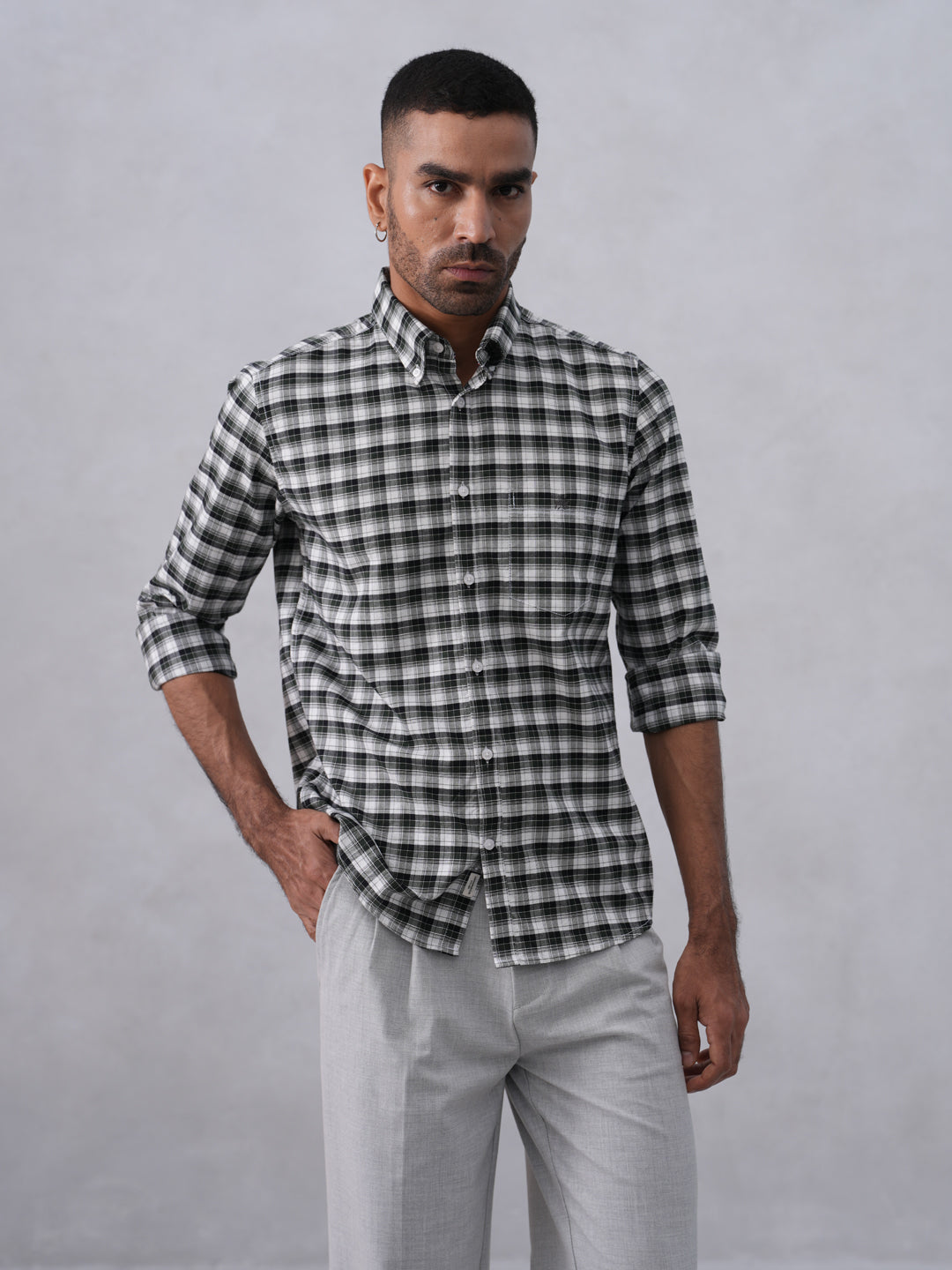 Green Checked 100% Cotton Button-Down Collar Shirt