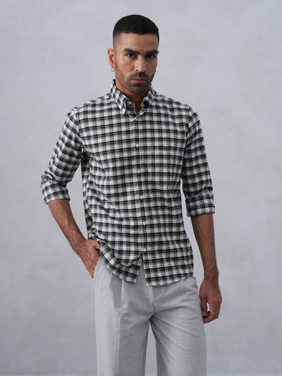 Green Checked 100% Cotton Button-Down Collar Shirt