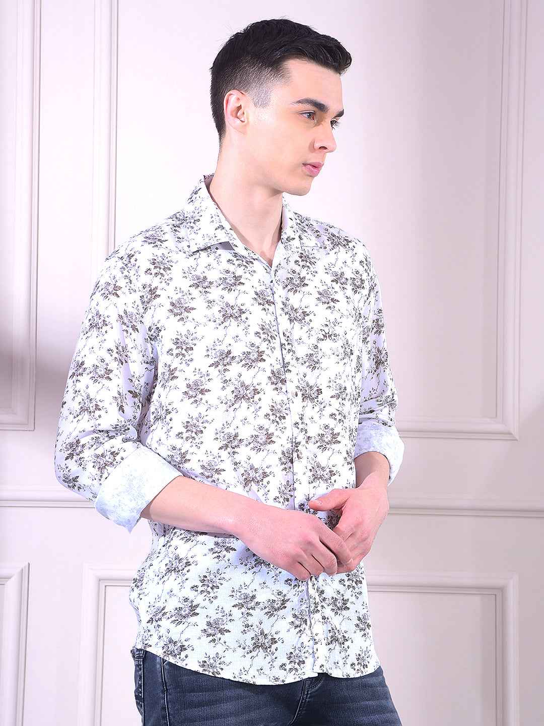 White Linen Floral Print Shirt