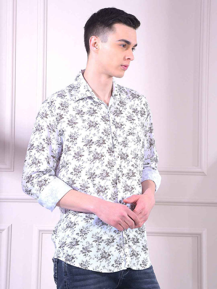 White Linen Floral Print Shirt