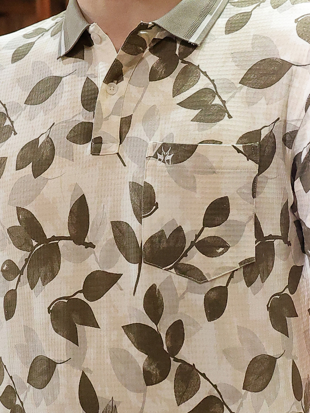 Beige Floral Print Polo Neck T-Shirt