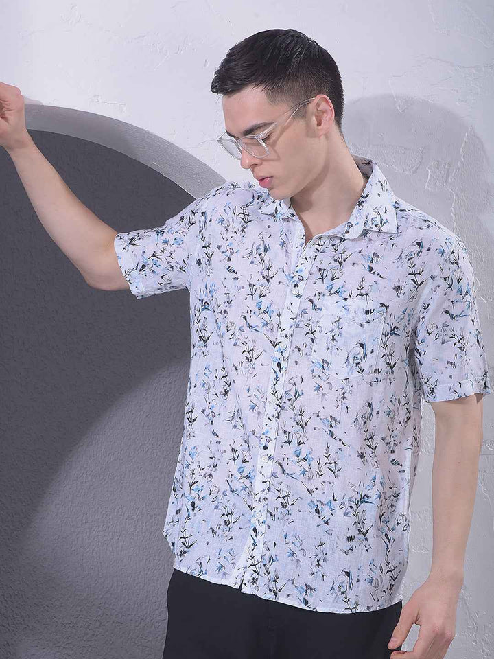 Blue Floral Print Linen Shirt