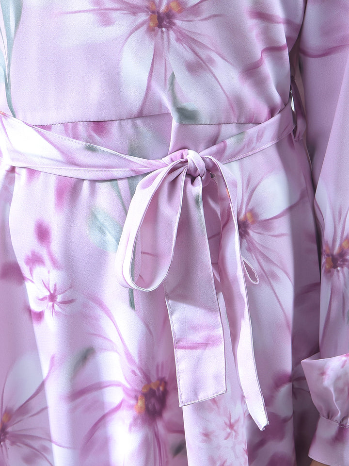 Purple Floral Print A-Line Dress With Belt