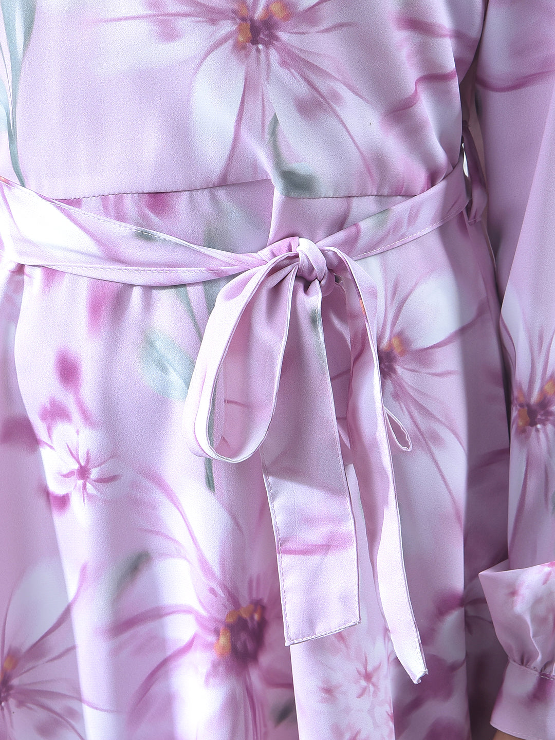 Purple Floral Print A-Line Dress With Belt