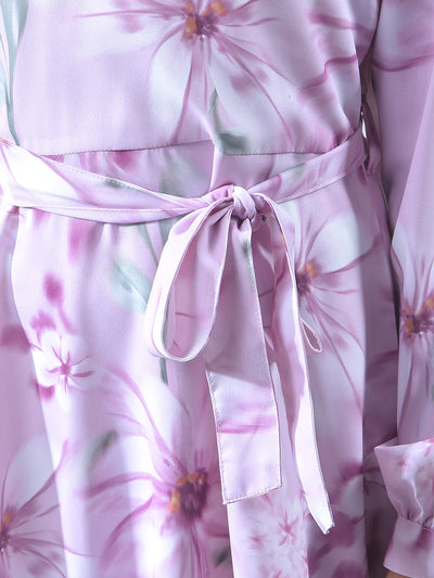 Purple Floral Print A-Line Dress With Belt