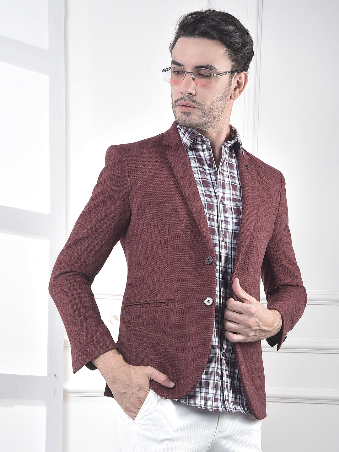 Maroon Textured Single-Breasted Blazer