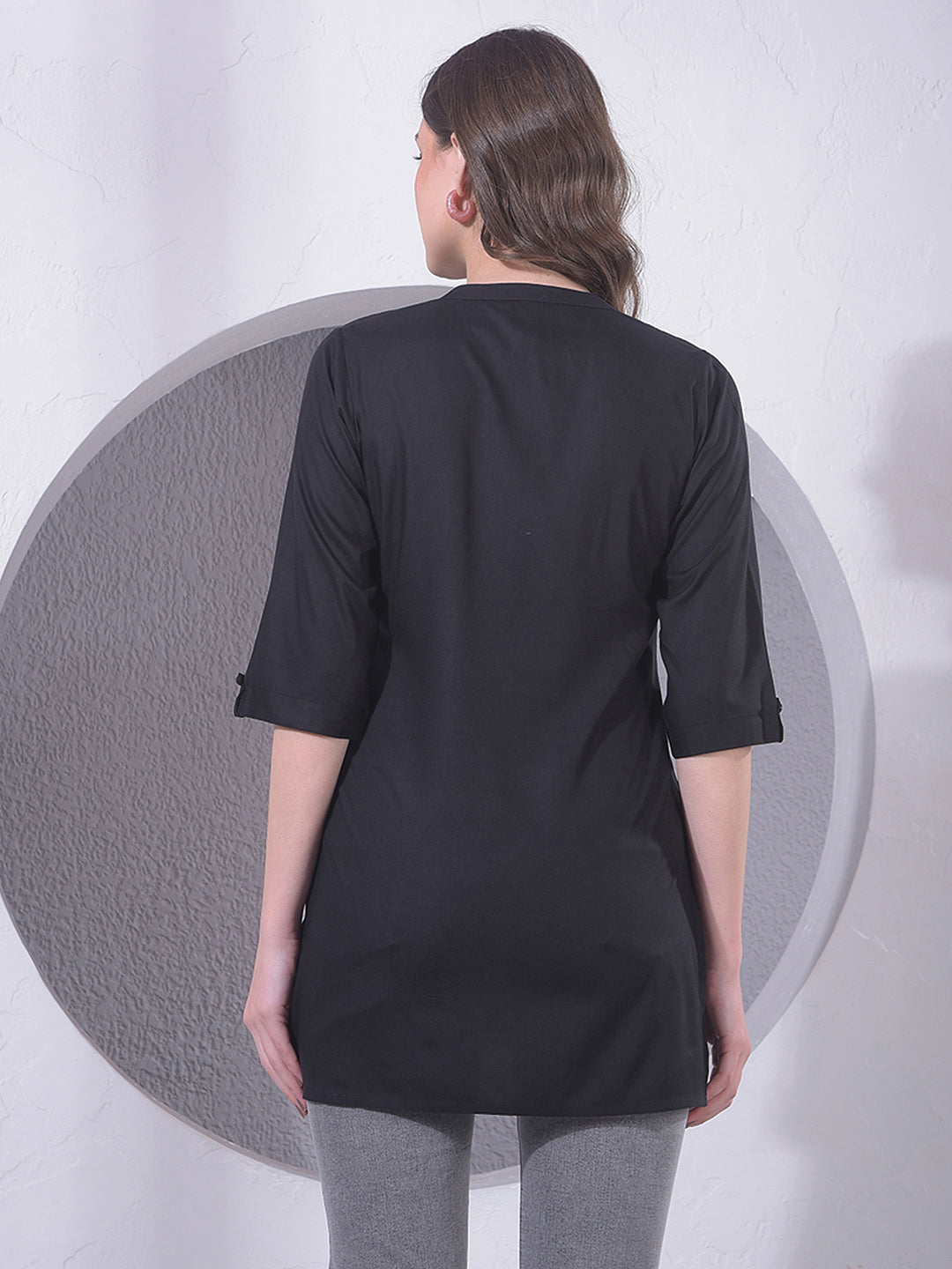 Black Embroidered Mid-Thigh Length V-Neck Top