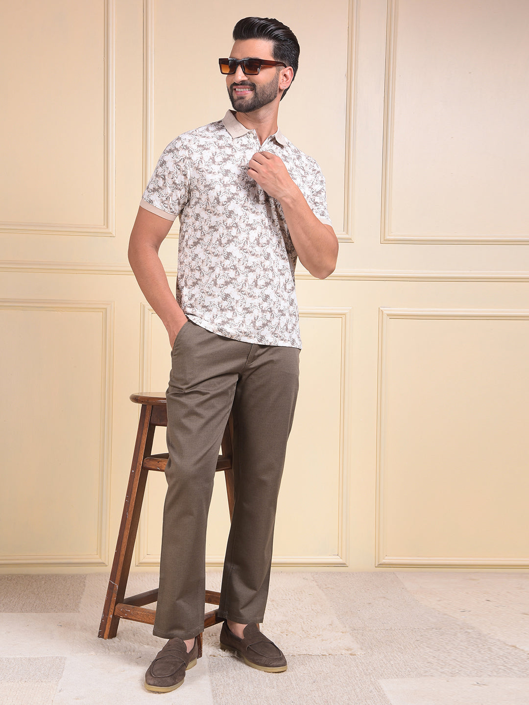 Brown Floral Print Polo Neck T-Shirt