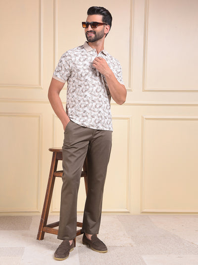 Brown Floral Print Polo Neck T-Shirt