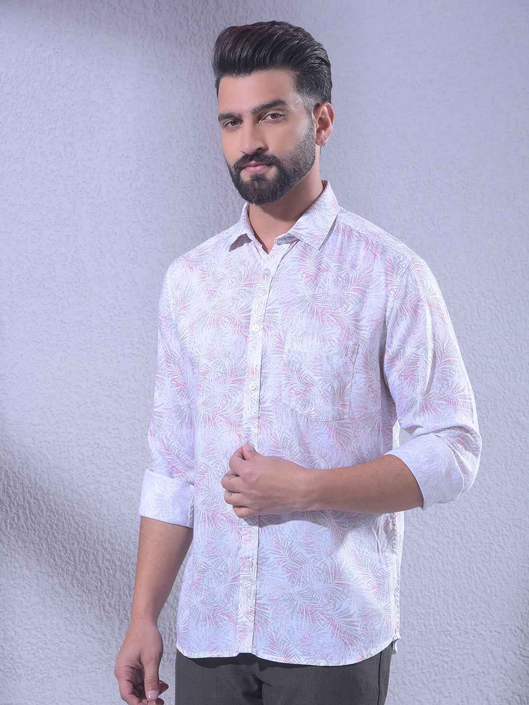 Pink Floral Print Linen Shirt