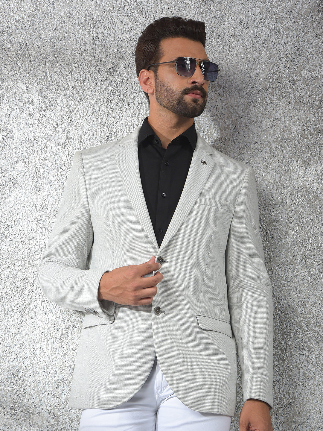 Off White Notched Lapel Single-Breasted Blazer