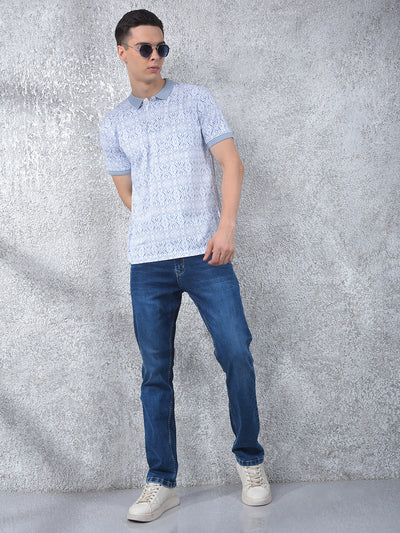 Blue Printed Polo Neck T-Shirt