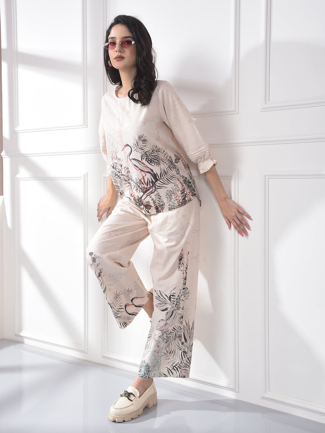 Peach Floral Print Linen Top