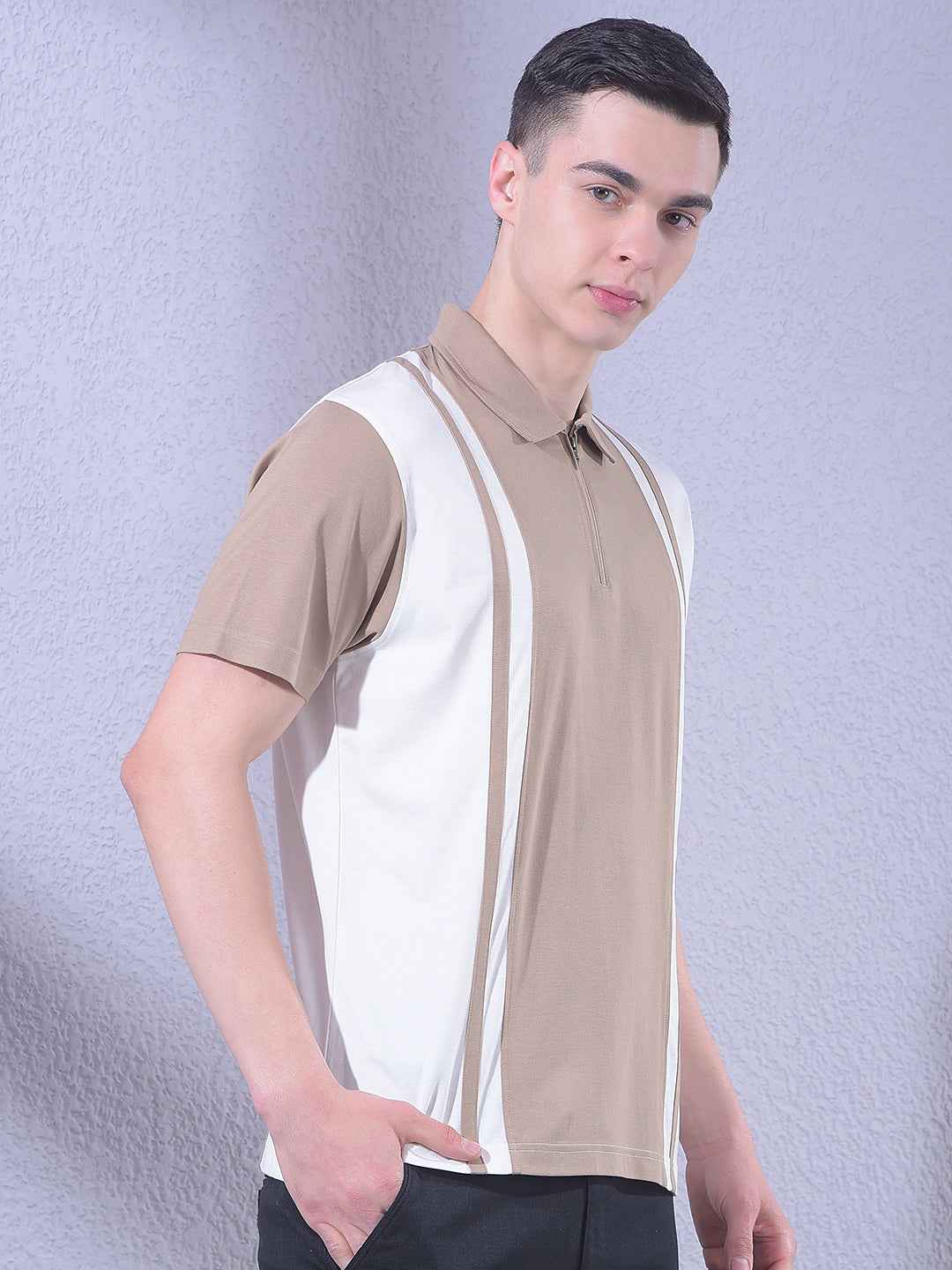 Beige Color-Blocked Polo Neck T-Shirt with Zip Closure