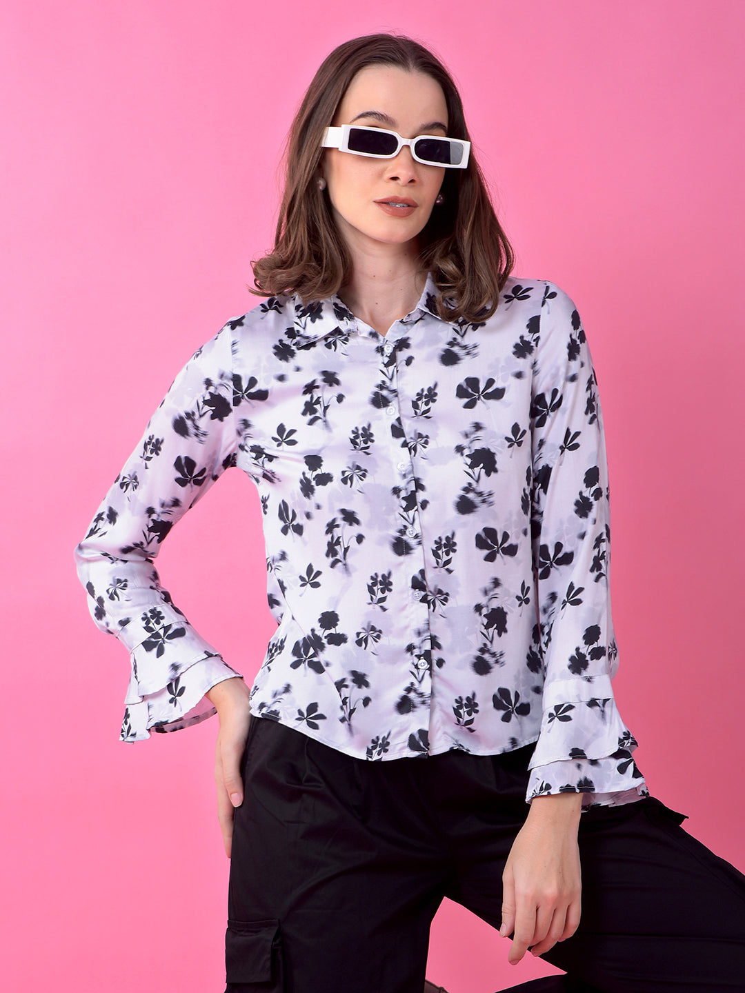 White Floral Print Shirt-Women Shirts-Crimsoune Club