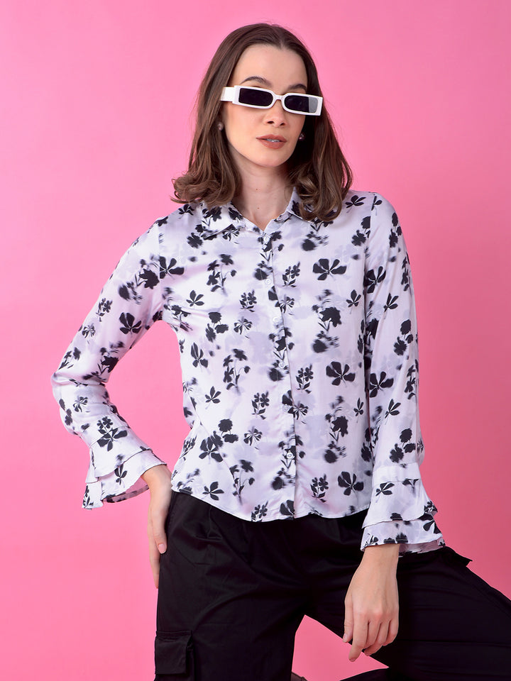 White Floral Print Shirt-Women Shirts-Crimsoune Club