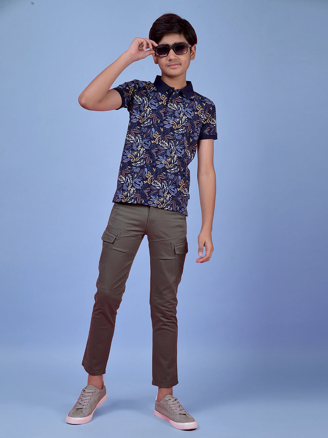 Blue Floral Print Polo Neck T-Shirt