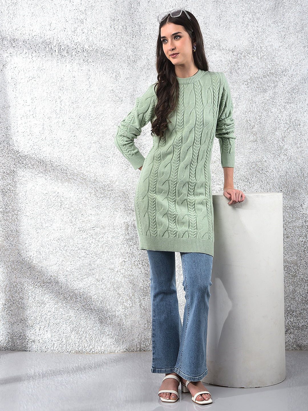 Green Long Length Acrylic Sweater-Women Sweaters-Crimsoune Club