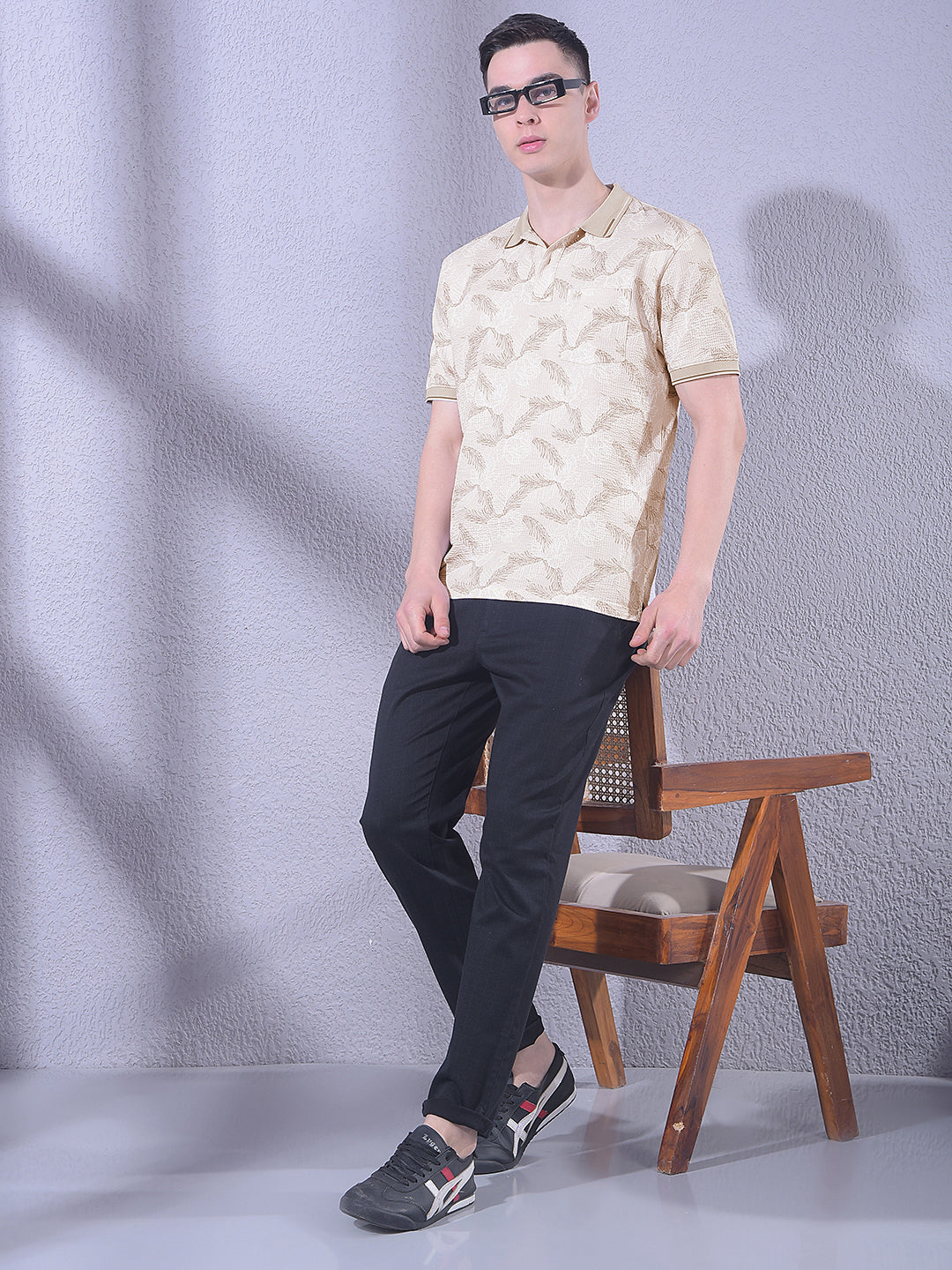 Beige Floral Print Polo Neck T-Shirt