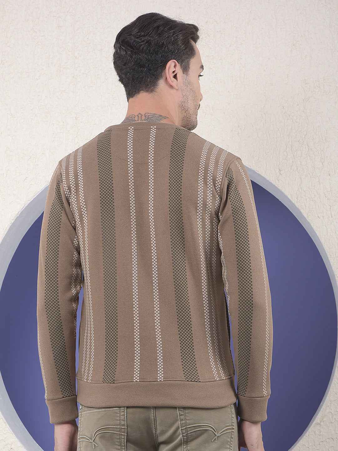 Brown Vertical Striped Round Neck Sweatshirt