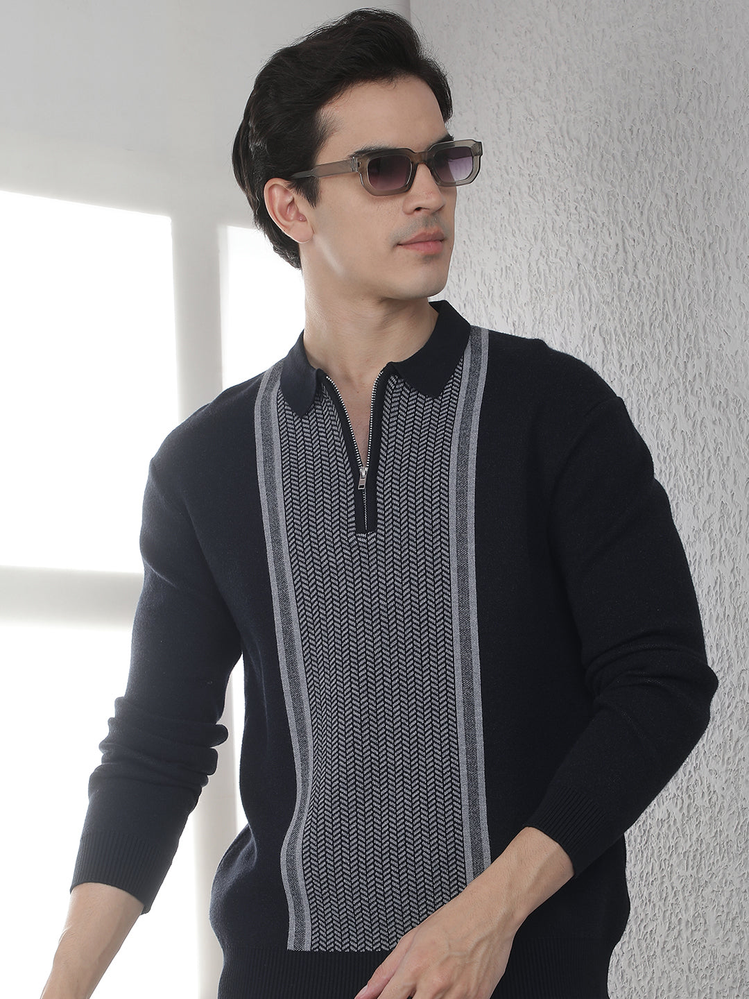 Black Verical Stripes Polo Sweater