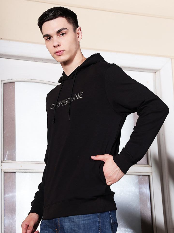 Black Typographic Printed Hooded Sweatshirt