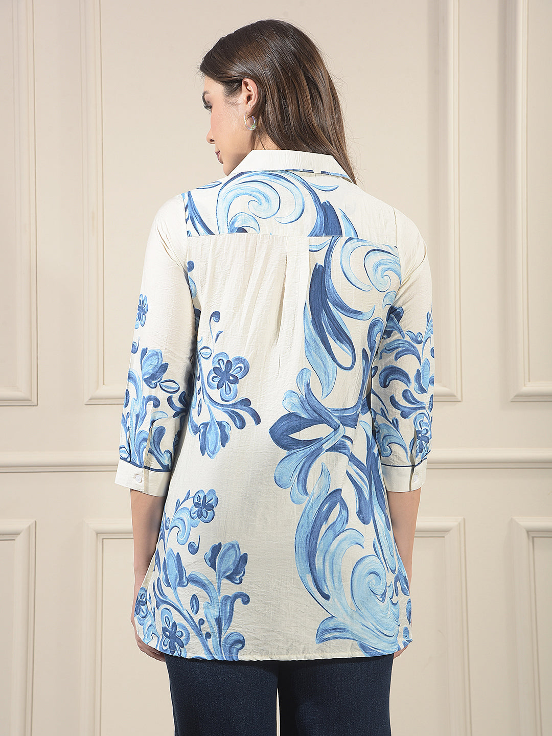 Blue Floral Print Mid-Thigh Length Shirt