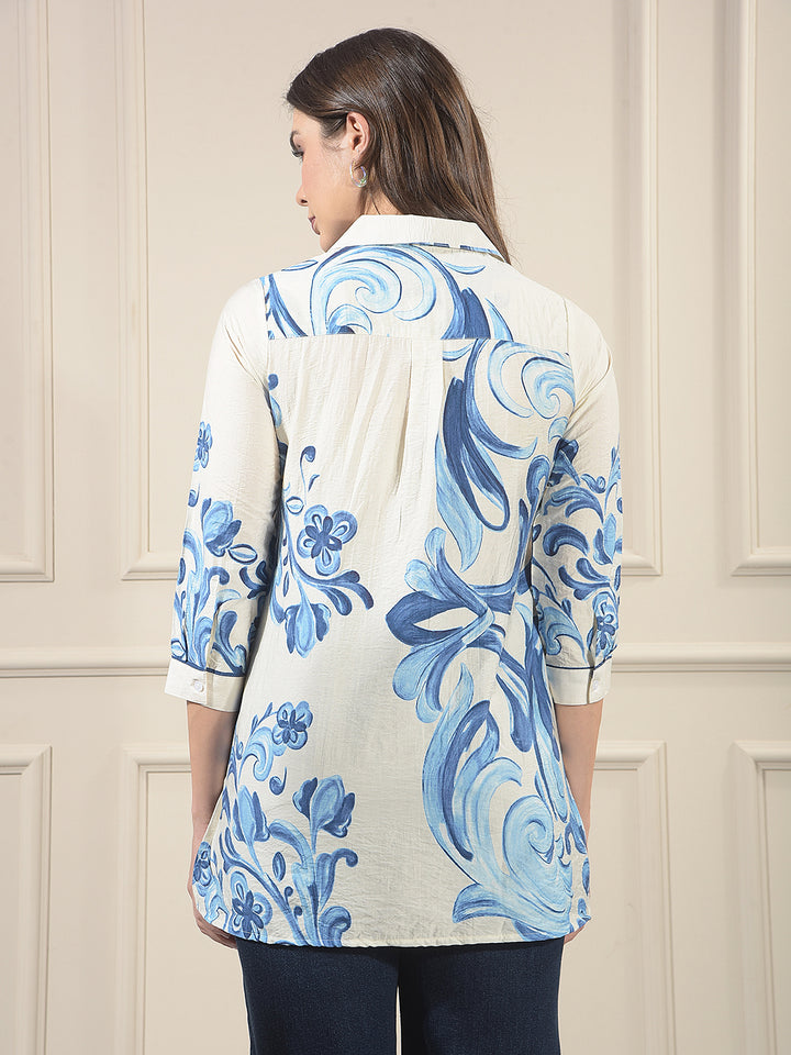 Blue Floral Print Mid-Thigh Length Shirt