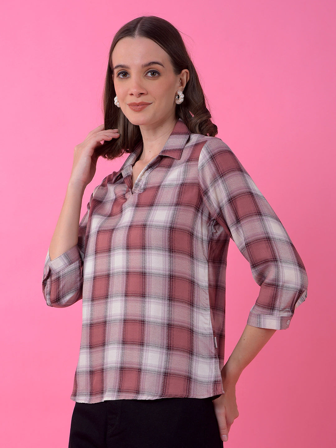 Pink Checked V-Neck Top