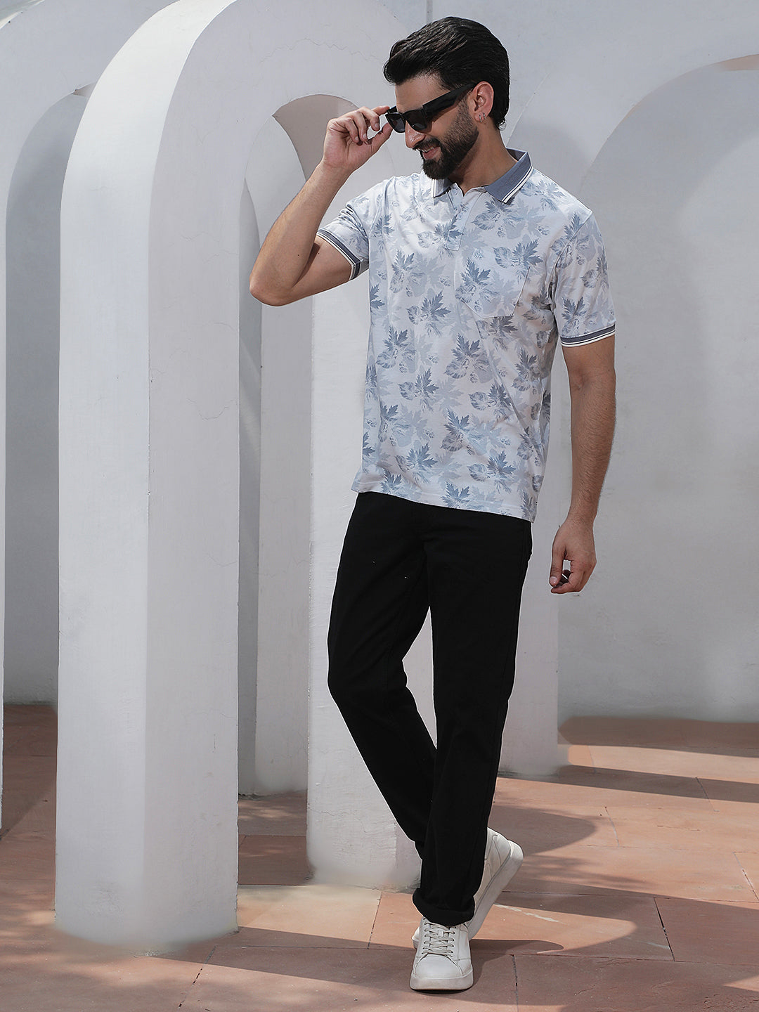 Blue Floral Print Polo Neck T-Shirt