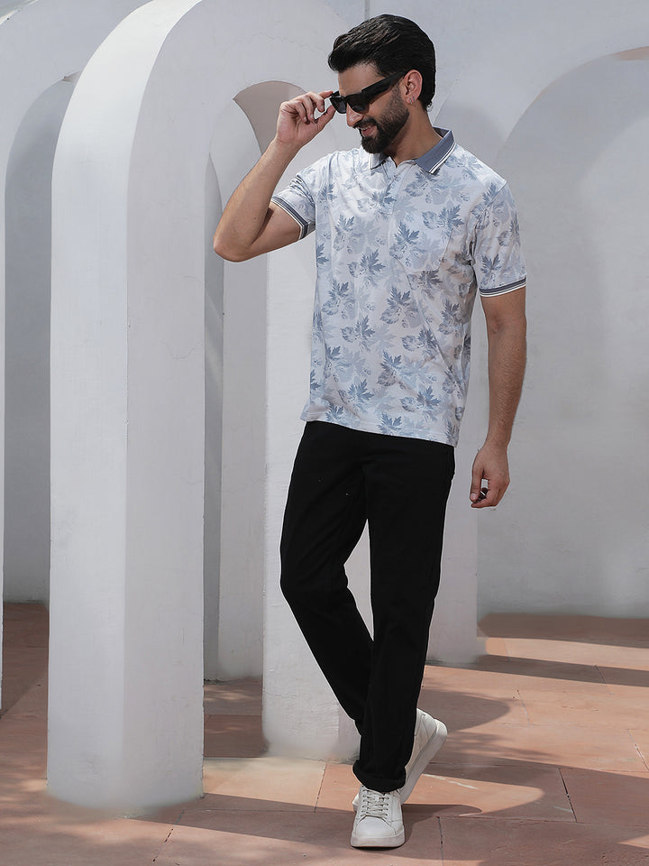 Blue Floral Print Polo Neck T-Shirt