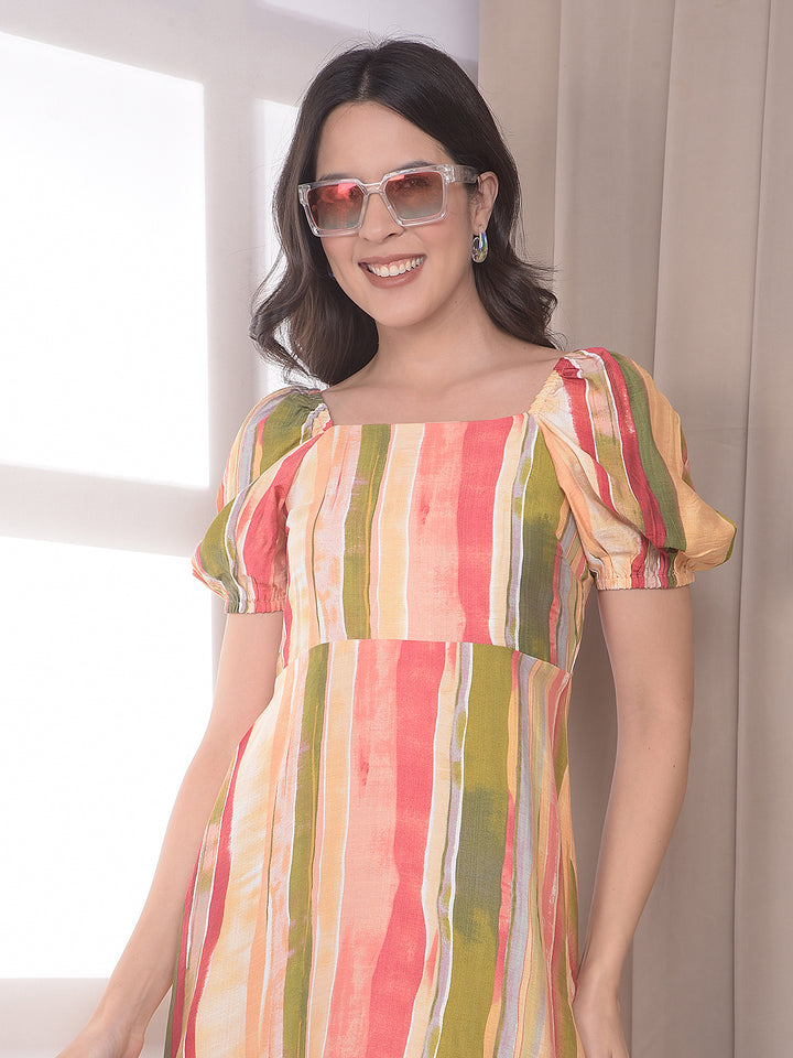 Multi-Color Vertical Stripes Square Neck A-Line Midi Dress