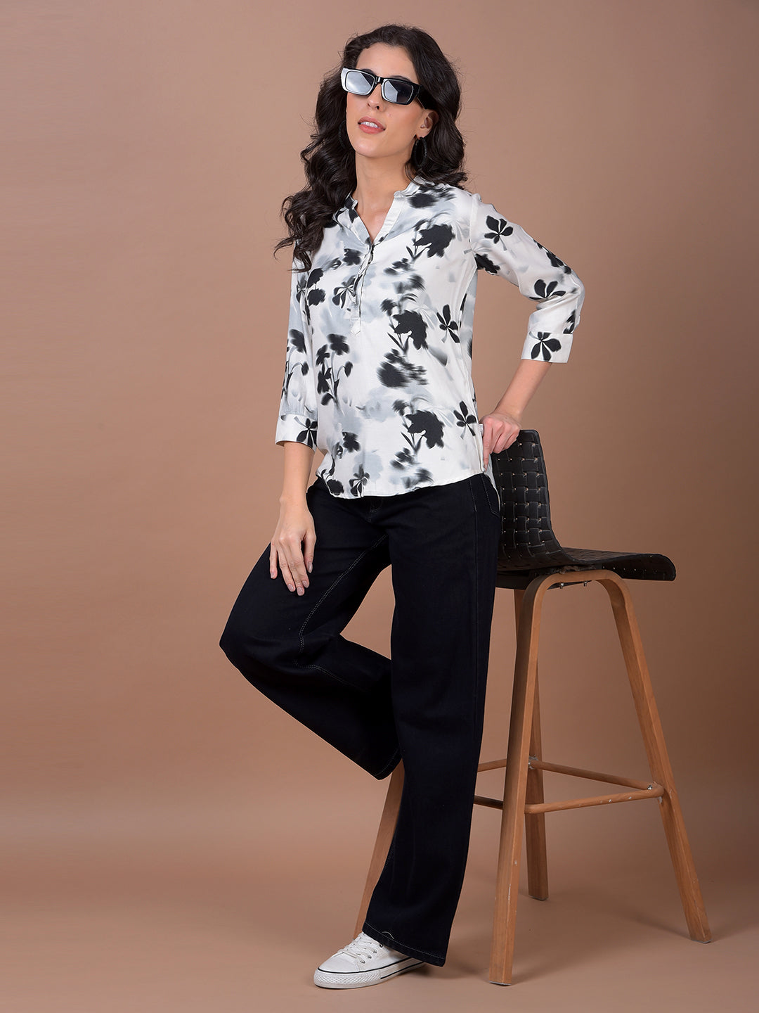 Black Floral Print V-Neck Top