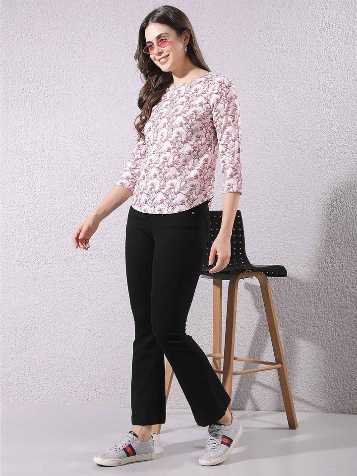 Pink Linen Round Neck Floral Printed Top