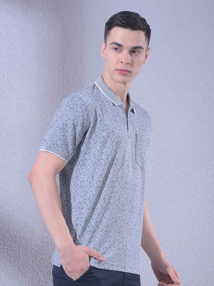 Grey Printed Polo Neck T-Shirt