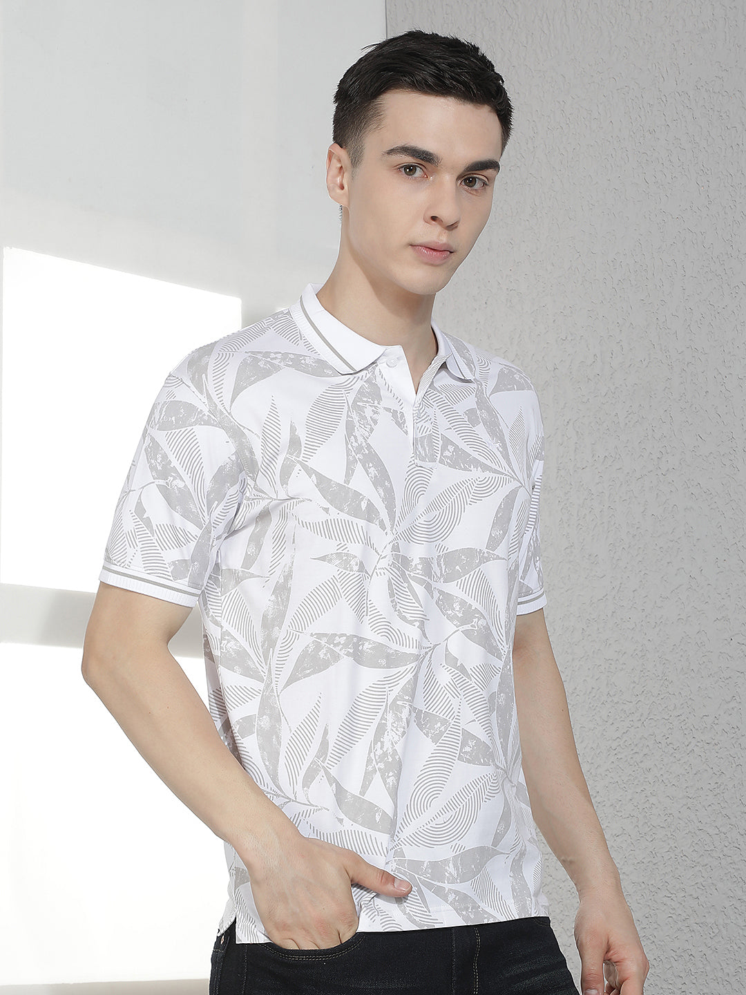 White Floral Print Polo Neck T-Shirt
