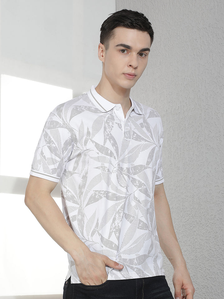 White Floral Print Polo Neck T-Shirt