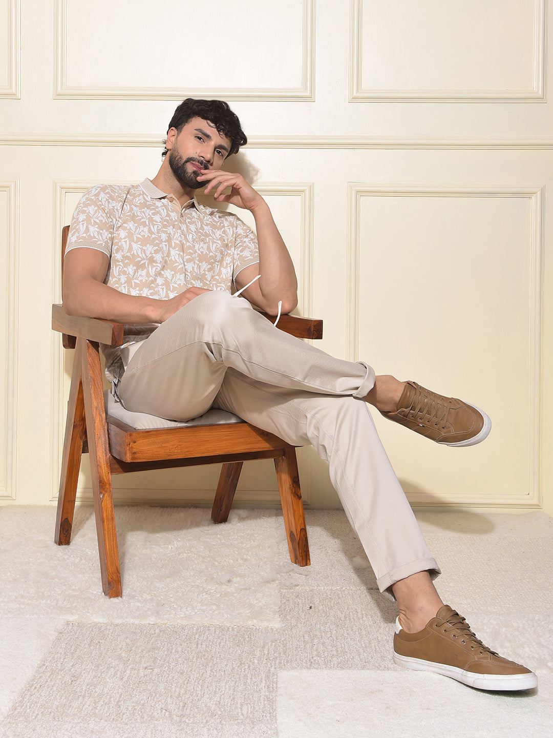 Beige Printed Trousers
