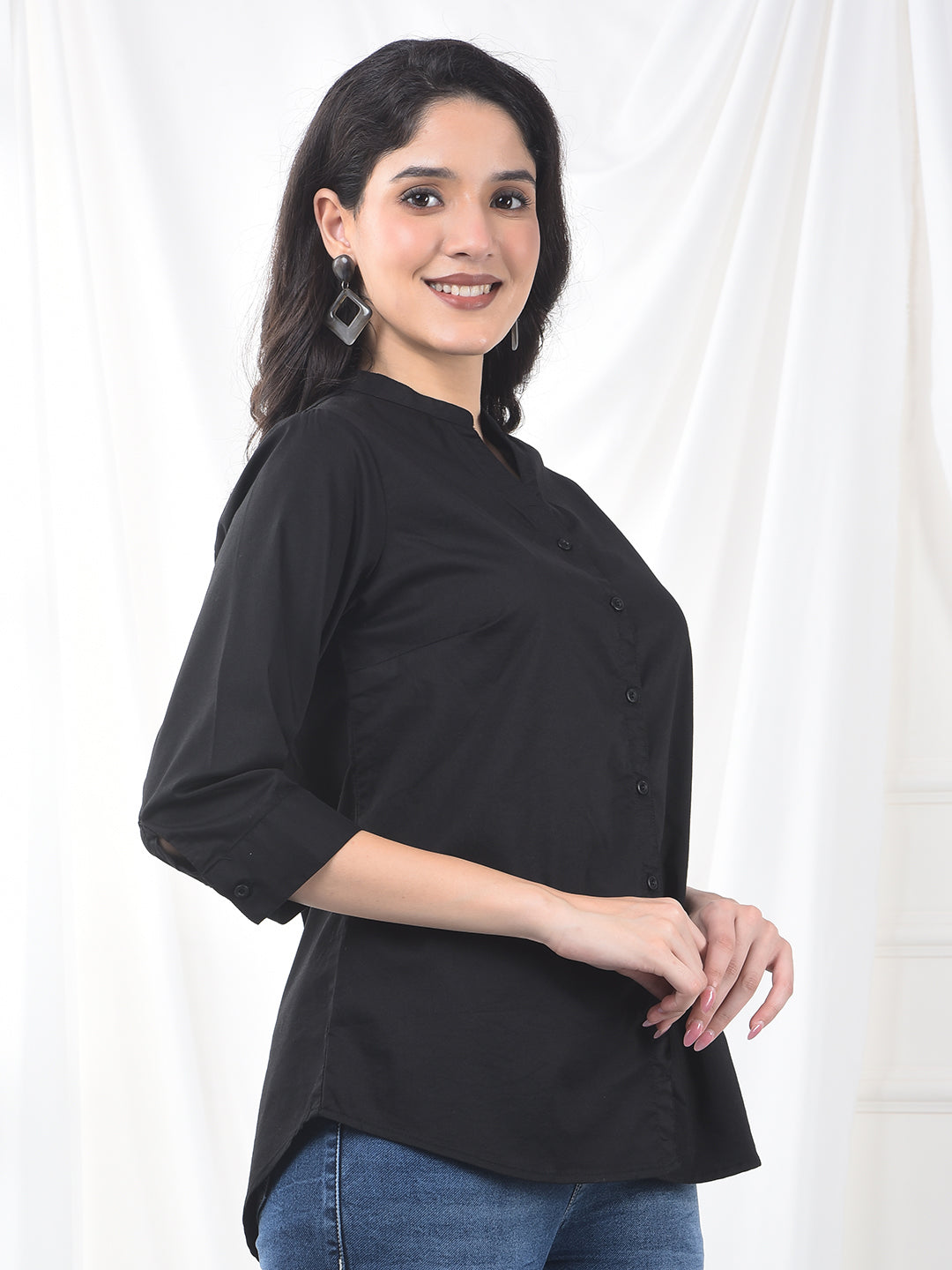 Jet Black Soft-Touch Mandarin Collar Shirt