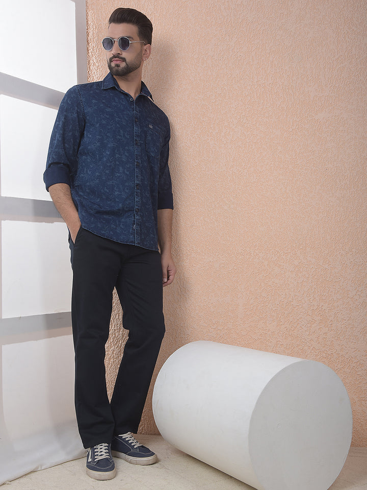 Navy Blue Printed 100% Cotton Shirt