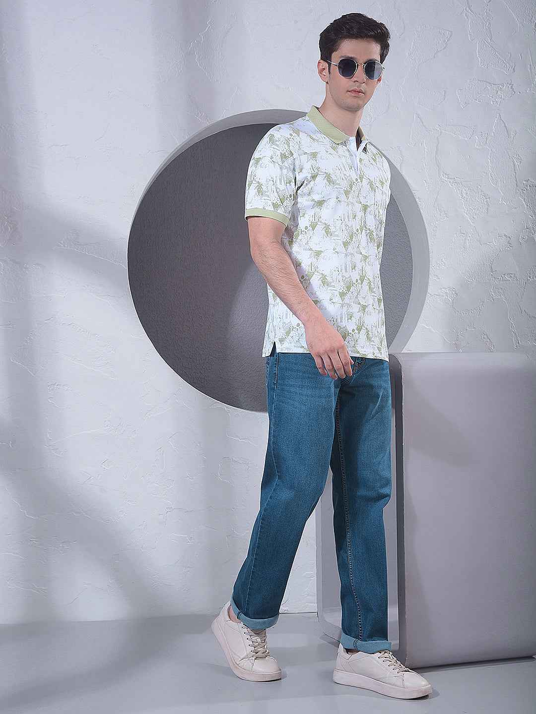 Green Printed Polo Neck 100% Cotton T-Shirt