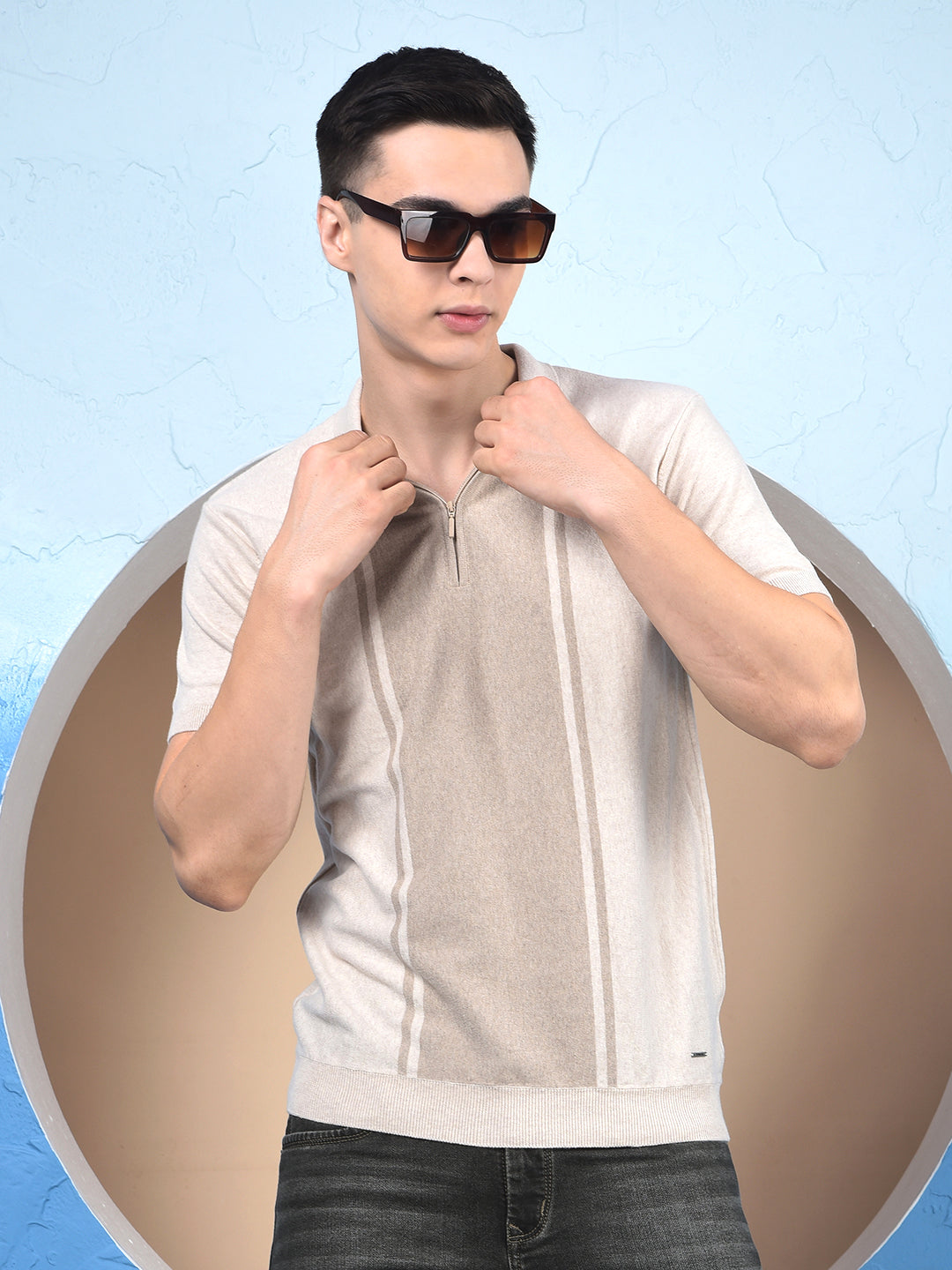 Beige Vertical Stripes Polo Neck T-Shirt