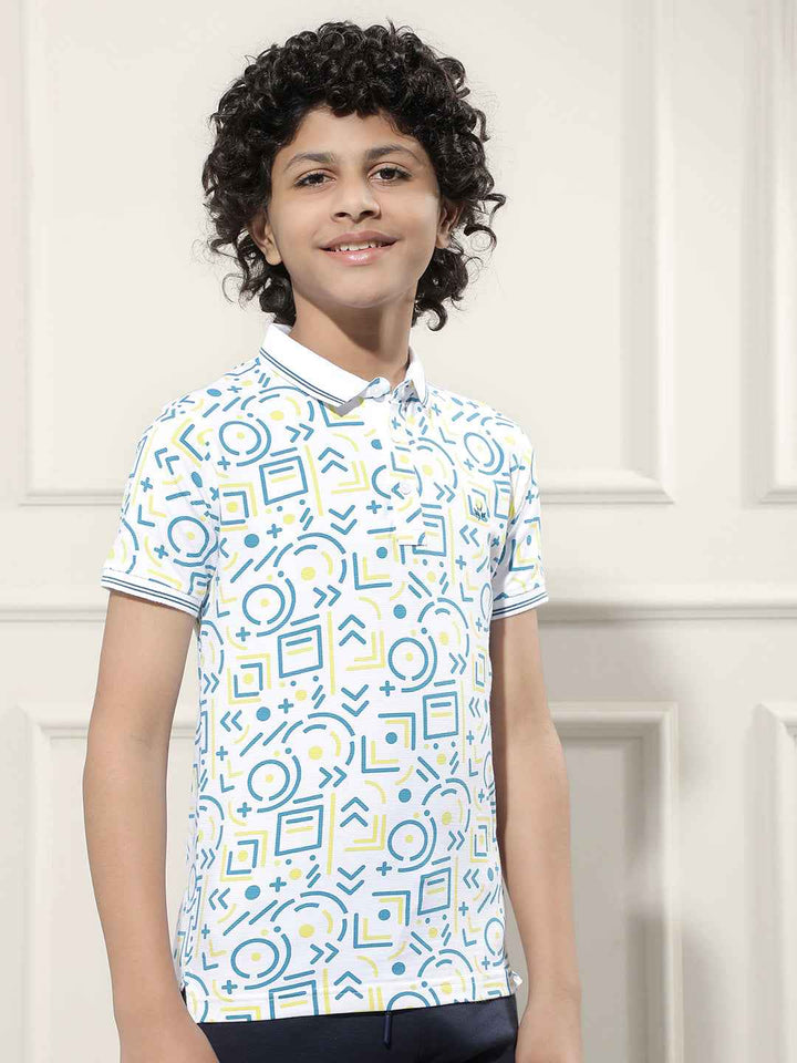 Geometric Print White Polo T-Shirt