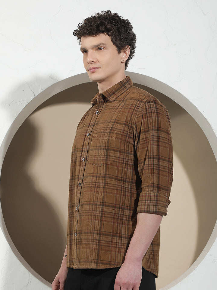 Brown Checked 100% Cotton Corduroy Shirt
