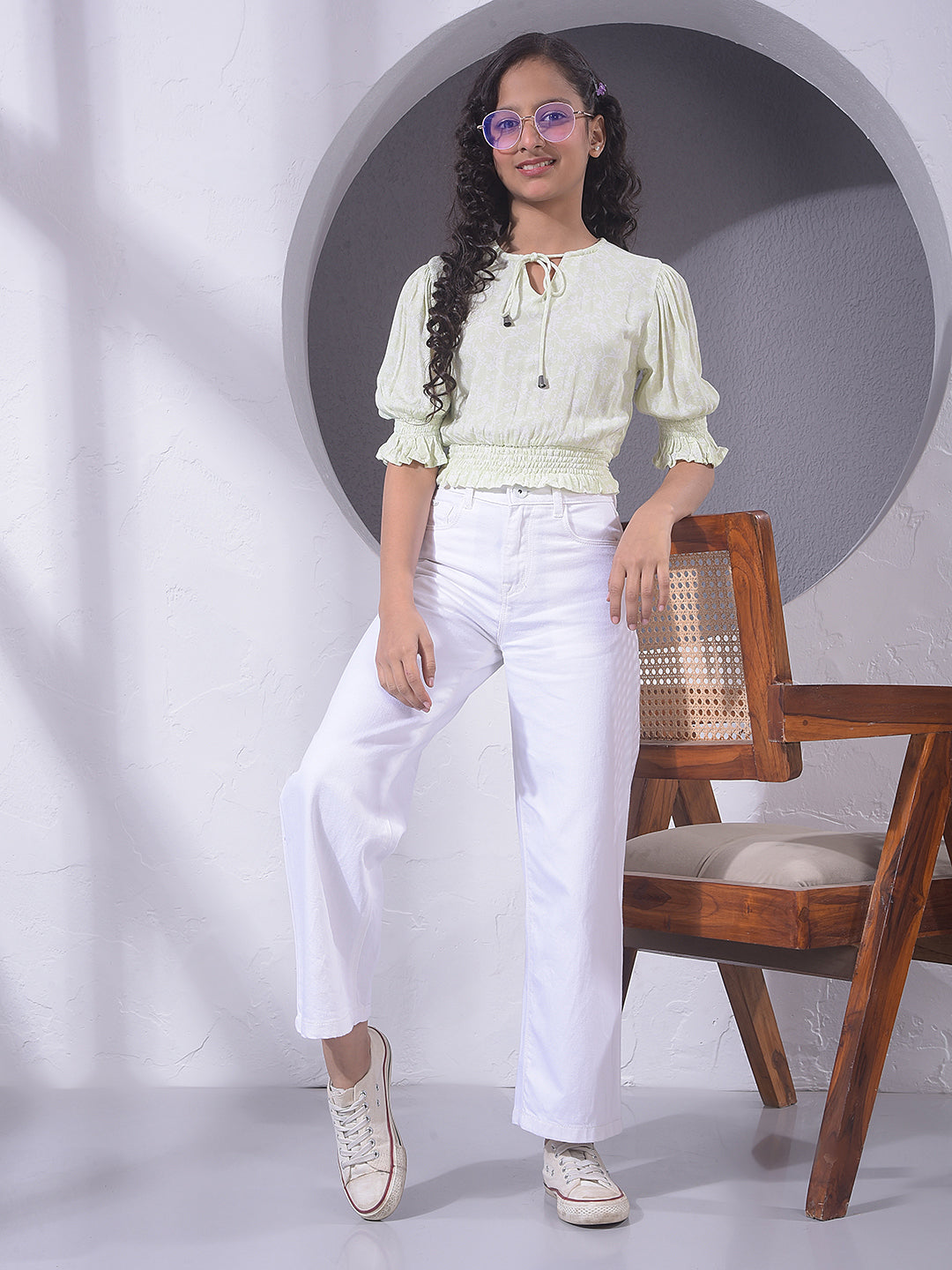  Cropped Green Floral Print Top