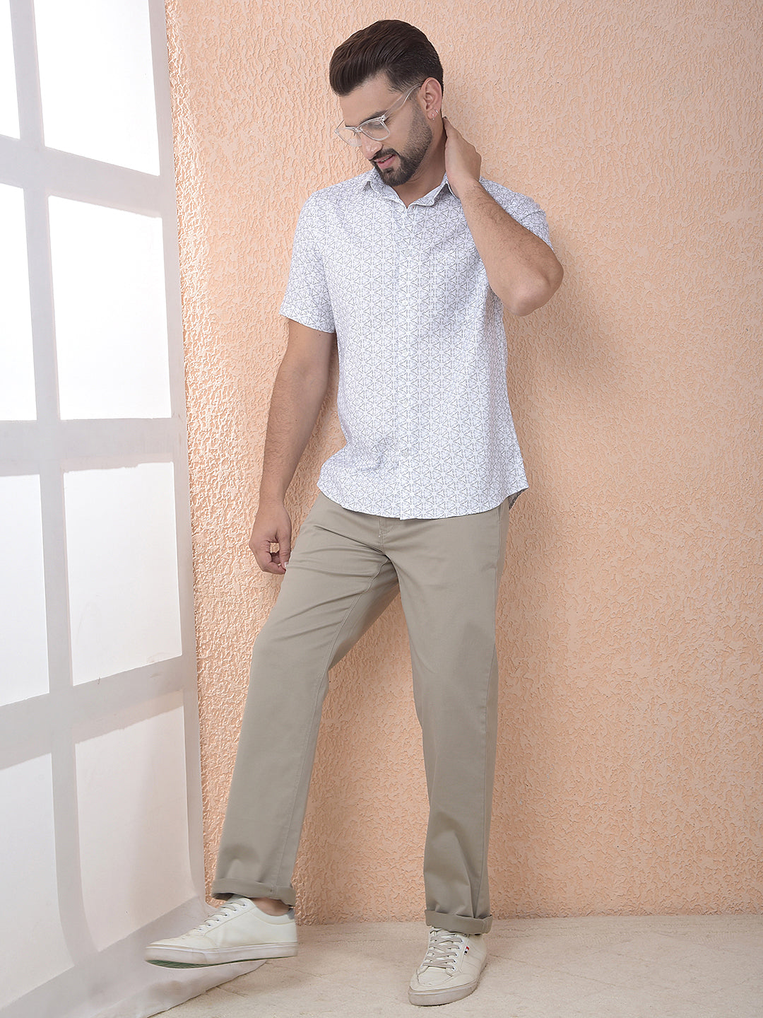 White Geo Motif Casual Shirt