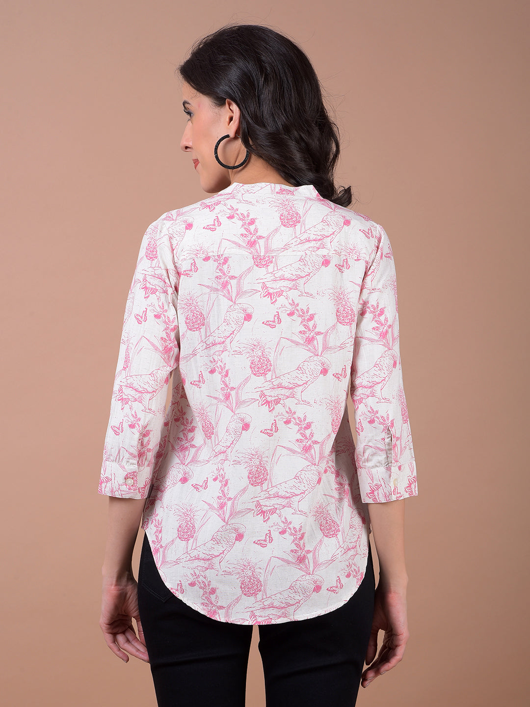 Pink Floral Print V-Neck Linen Top