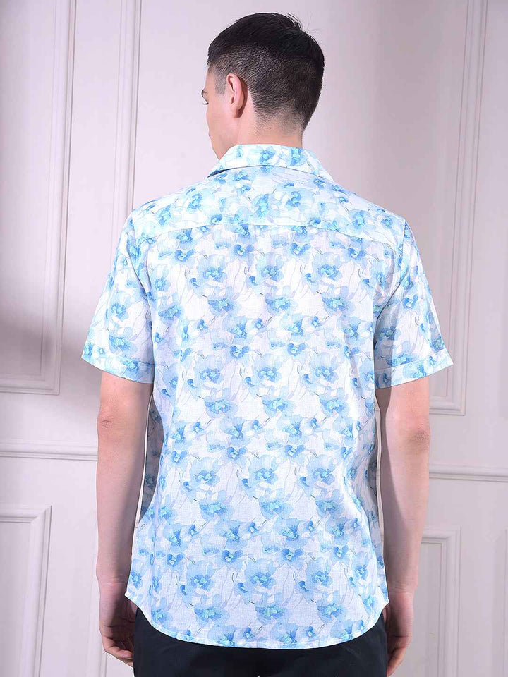 Blue Linen Floral Print Shirt