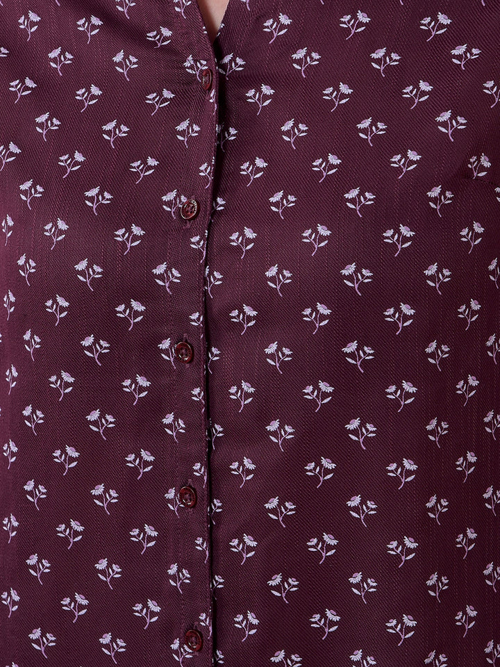 Wine Floral Print V-Neck Shirt