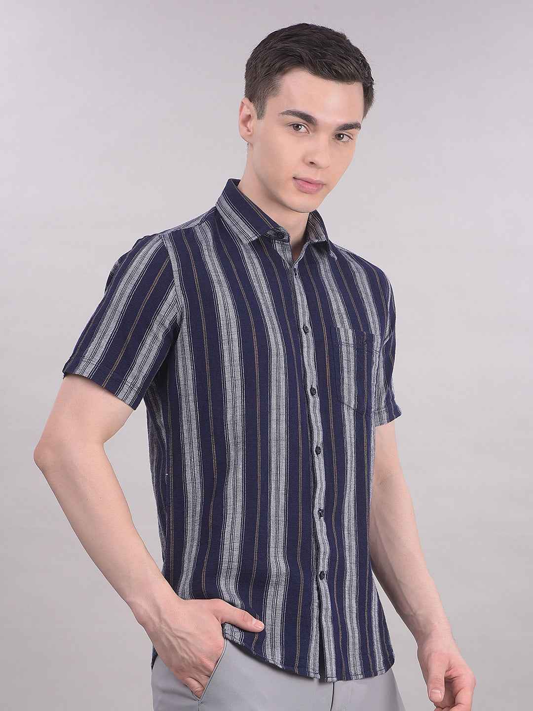 100% Cotton Navy Blue Vertical Stripes Shirt